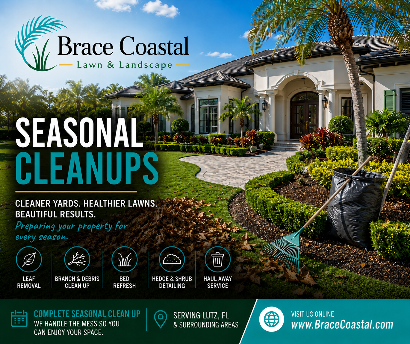 Seasonal lawn and landscape cleanup in progress